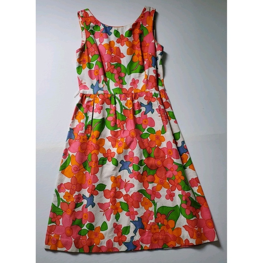 Vtg 60s Malia Honolulu for Liberty House Hawaiian Dress Floral Birds Stain
